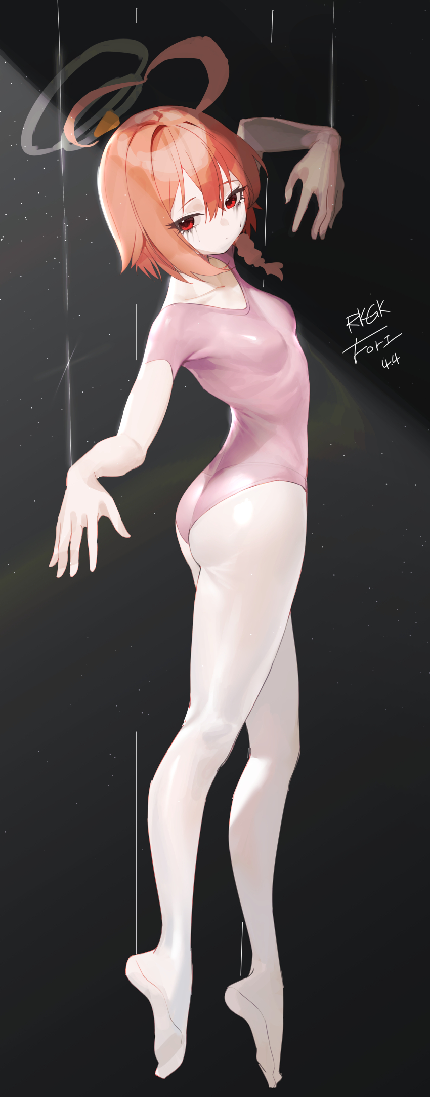 1girl absurdres ahoge ass ballerina blue_archive breasts closed_mouth heart heart_ahoge highleg highleg_leotard highres leotard looking_at_viewer makeup neru_(blue_archive) not_forever2w orange_hair pantyhose pink_leotard puppet_strings red_eyes runny_makeup simple_background skin_tight small_breasts solo standing white_pantyhose