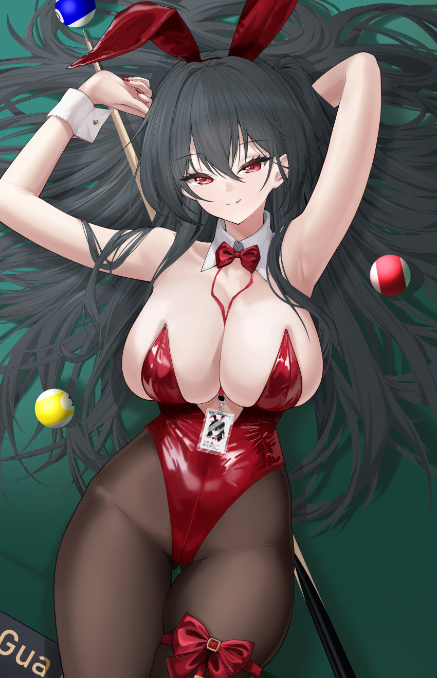 1girl absurdres animal_ears azur_lane ball billiard_ball black_hair black_pantyhose bow bowtie breasts cleavage closed_mouth cue_stick detached_collar fake_animal_ears guagua_wa_dvb highres id_card large_breasts leotard long_hair lying official_alternate_costume pantyhose playboy_bunny pool_table rabbit_ears red_bow red_bowtie red_eyes red_leotard smile solo table taihou_(azur_lane) taihou_(fun_on_the_baize)_(azur_lane) very_long_hair wrist_cuffs