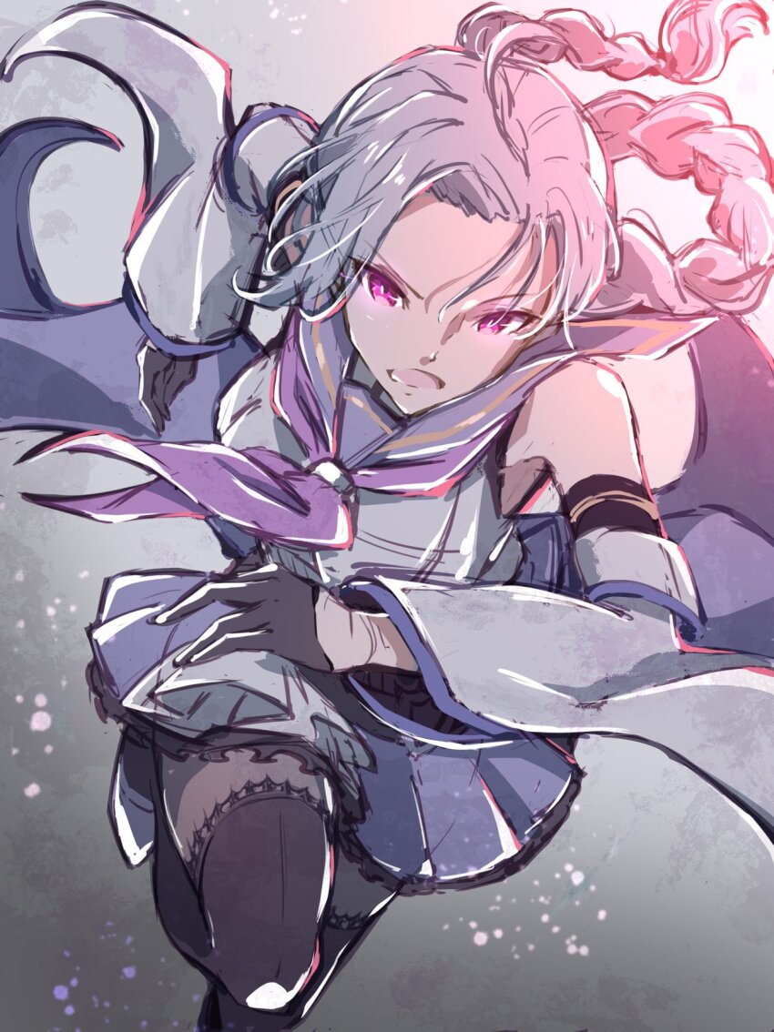 1girl ahoge assault_lily bare_shoulders black_gloves black_shoes black_thighhighs blue_sailor_collar blue_skirt braid braided_ponytail breasts bright_pupils commentary_request cowboy_shot detached_sleeves floating_hair frilled_skirt frills gloves gradient_background grey_background grey_hair grey_pantyhose hair_between_eyes half_gloves hands_up highres igusa_subaru layered_sleeves leaning_forward leg_up light_particles long_hair long_sleeves looking_at_viewer low_ponytail medium_breasts miniskirt multicolored_shoes neckerchief nekomint odaiba_girls_high_school_uniform open_mouth pantyhose parted_bangs ponytail purple_eyes purple_neckerchief running sailor_collar school_uniform serafuku shirt shoes single_braid skirt sleeveless sleeveless_shirt solo thighhighs thighhighs_over_pantyhose two-tone_shoes v-shaped_eyebrows waist_cape white_pupils white_shirt white_shoes wide_sleeves