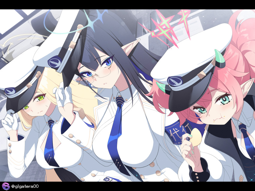 3girls adjusting_clothes adjusting_headwear ayumu_(blue_archive) black_hair blonde_hair blue_archive blue_eyes blue_hair blue_necktie colored_inner_hair dress giga-tera glasses gloves green_eyes hat highres jacket long_hair momoka_(blue_archive) multicolored_hair multiple_girls necktie peaked_cap pink_hair pointy_ears rin_(blue_archive) short_twintails sidelocks twintails two-tone_hair white_dress white_gloves white_hat white_jacket