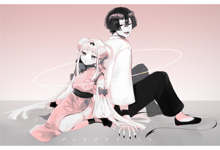 1boy 1girl absurdres alternate_costume alternate_hairstyle aurora_sya_lis_kaymin chinese_clothes commentary_request demon_cleric demon_tail double_bun fingernails hair_bun highres horns jin_loading leaning_on_person long_fingernails long_hair maou-jou_de_oyasumi short_hair sitting tail