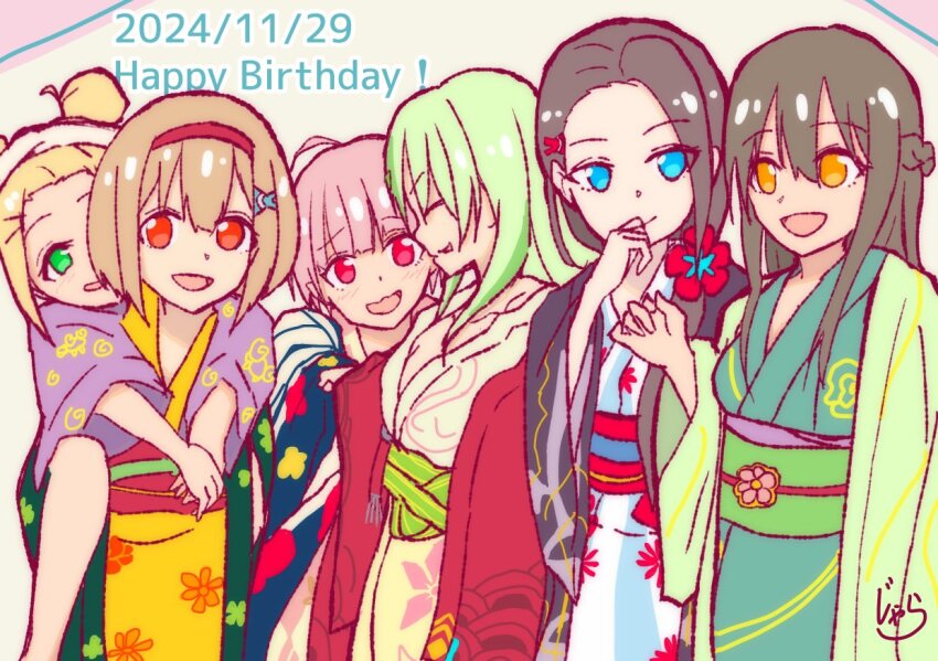 6+girls ahoge bangs_pinned_back black_hair braid breasts brown_hair hair_ornament hairband half_up_braid heaven_burns_red japanese_clothes jaraknzn kimono large_breasts long_hair multiple_girls ooshima_ichiko ooshima_isuzu ooshima_minori ooshima_muua ooshima_niina ooshima_yotsuha red_eyes red_hair sash sextuplets short_hair siblings sisters team_31e_(heaven_burns_red) two_side_up wide_sleeves yellow_eyes yukata