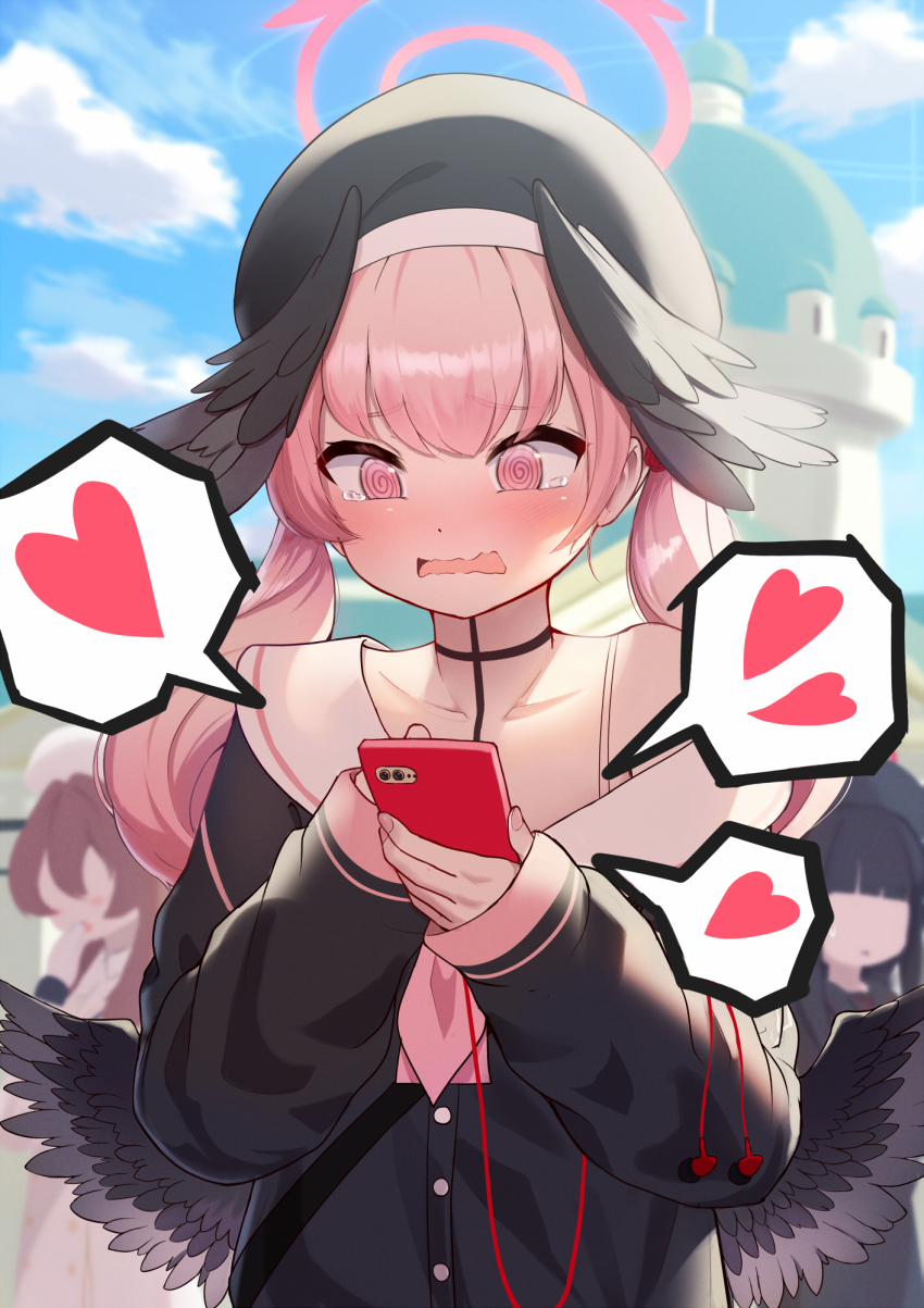 3girls @_@ beret black_hat black_shirt black_wings blue_archive blush buttons halo hamachikichiki hat head_wings heart highres justice_task_force_member_(blue_archive) koharu_(blue_archive) long_hair long_sleeves multiple_girls open_mouth pink_eyes pink_hair pink_halo sailor_collar sailor_shirt shirt spoken_heart tea_party_militant_(blue_archive) tears twintails white_sailor_collar wings