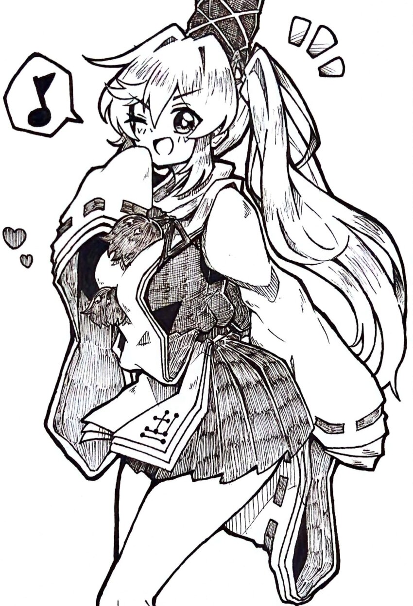 1girl :d blush breasts commentary_request dress feet_out_of_frame greyscale gurajio hair_between_eyes hat heart highres japanese_clothes kariginu large_breasts long_hair long_sleeves looking_at_viewer monochrome mononobe_no_futo musical_note neck_ribbon notice_lines one_eye_closed open_mouth pom_pom_(clothes) ponytail ribbon ribbon-trimmed_sleeves ribbon_trim simple_background sleeves_past_fingers sleeves_past_wrists smile solo spoken_musical_note standing tabard tate_eboshi touhou v-shaped_eyebrows very_long_hair white_background wide_sleeves