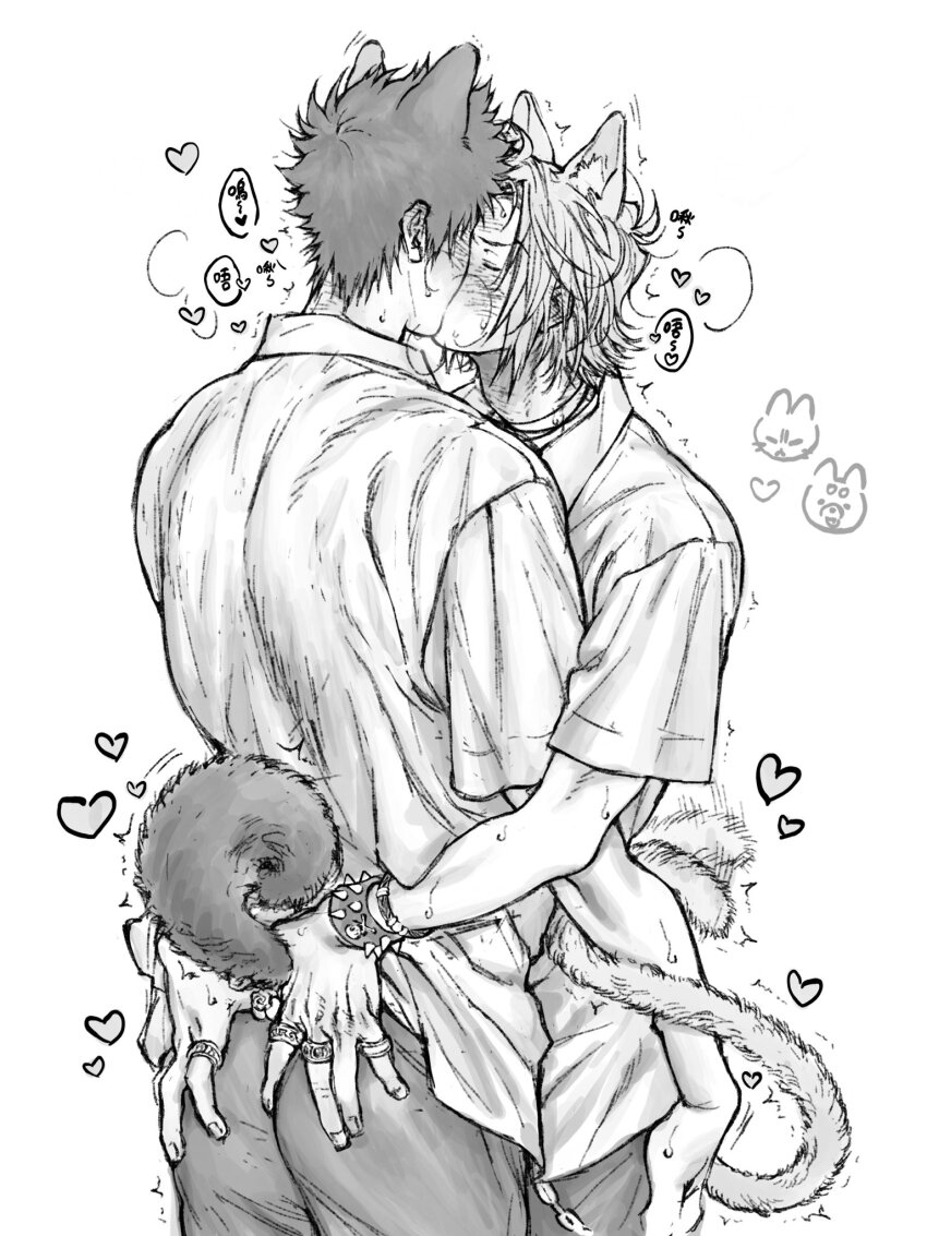 animal_ears blush bracelet gokudera_hayato greyscale hands_on_another&#039;s_hips heart highres jewelry katekyo_hitman_reborn! kiss male_focus monochrome ring shirt tail umkaqryi yamamoto_takeshi