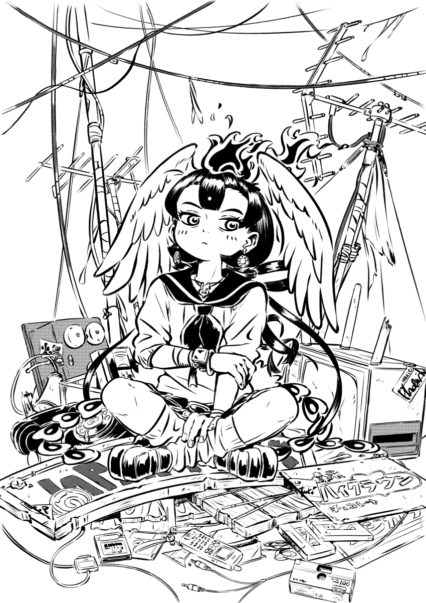 1girl absurdres alternate_costume antique_phone appleq bird_girl bird_tail bird_wings camera cassette_tape cellphone closed_mouth commentary_request contemporary earrings expressionless fiery_hair fire floppy_disk full_body game_cartridge greyscale hand_on_own_arm hand_on_own_leg head_wings hi_no_tori hi_no_tori_(kemono_friends) highres indian_style jewelry kemono_friends knees_apart_feet_together looking_at_viewer monochrome outstretched_arm pendant phone radio_antenna rotary_phone sailor_collar school_uniform shirt shoes short_hair sign sitting sitting_on_object skirt socks solo tail television videocassette watch wings wristwatch