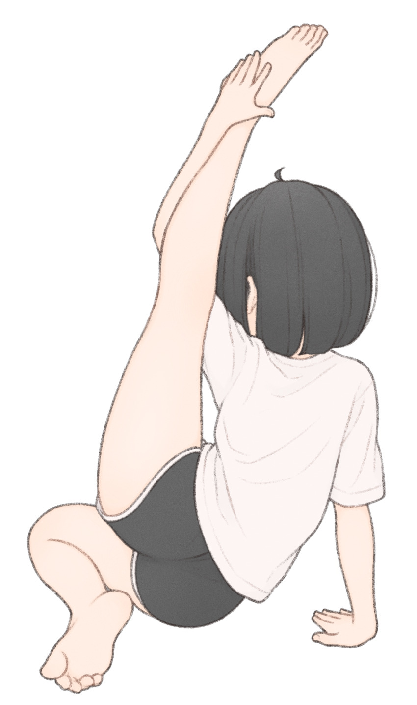 1girl 1ssakawaguchi absurdres ahoge arm_support ass barefoot black_hair black_shorts bob_cut dolphin_shorts facing_away flexible from_behind highres ichika_(1ssakawaguchi) leg_up original shirt short_hair short_shorts short_sleeves shorts simple_background solo thighs toes white_background white_shirt