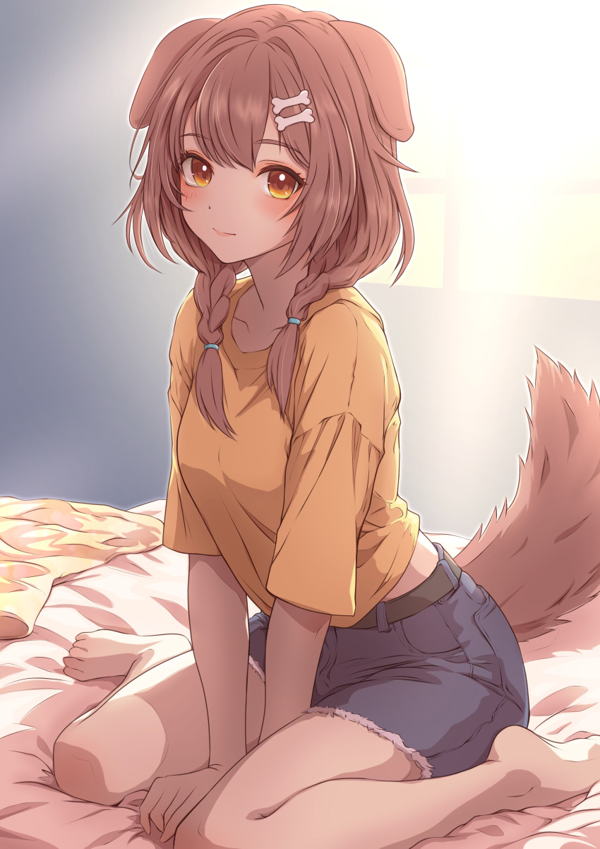 1girl absurdres alternate_costume animal_ears backlighting barefoot bed_sheet blush bone_hair_ornament braid brown_eyes brown_hair cartoon_bone collarbone commentary denim denim_shorts dog_ears dog_girl dog_tail eyelashes feet hair_between_eyes hair_ornament highres hololive inugami_korone light_smile long_hair looking_at_viewer low_twin_braids mikan_mizu on_bed seiza shirt shorts sitting solo tail twin_braids virtual_youtuber window yellow_shirt