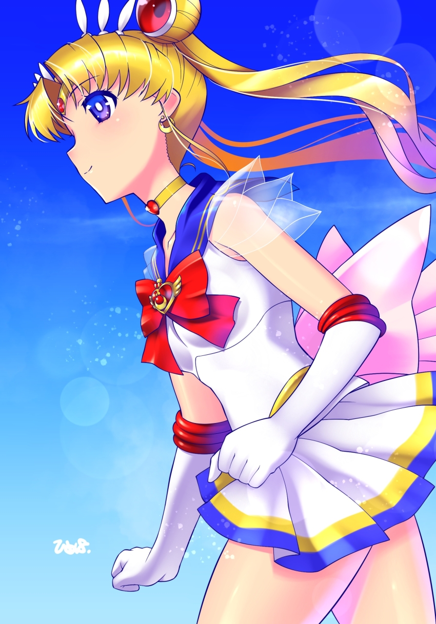 1girl back_bow bishoujo_senshi_sailor_moon blonde_hair blue_eyes blue_sailor_collar bow bright_pupils brooch choker circlet closed_mouth collarbone cosmic_heart_compact crescent crescent_earrings double_bun earrings elbow_gloves floating_hair gloves hair_bun heart heart_brooch heart_choker highres himehachi_(hime8manga) jewelry long_hair magical_girl miniskirt pink_bow pleated_skirt red_bow red_brooch sailor_collar sailor_moon sailor_senshi_uniform shirt skirt sleeveless sleeveless_shirt smile solo super_sailor_moon tsukino_usagi twintails white_gloves white_pupils white_shirt white_skirt yellow_choker