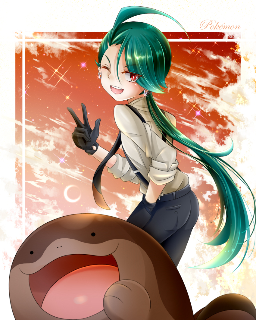 1girl ahoge androgynous ass asymmetrical_bangs black_gloves black_necktie black_pants bright_pupils clodsire collared_shirt ear_piercing earrings flat_ass gloves green_hair grey_shirt hand_on_own_hip hand_up highres jewelry jin_(az2492079) long_hair mudfish necktie nintendo one_eye_closed pants piercing pokemon pokemon_(creature) pokemon_sv ponytail red_eyes reverse_trap rika_(pokemon) shirt sleeves_rolled_up smile suspenders triangle_earrings v white_pupils