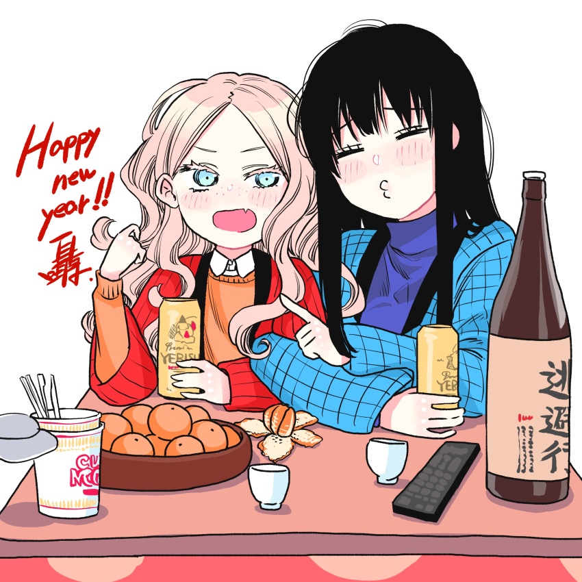 2girls absurdres alcohol black_hair blonde_hair blue_eyes closed_eyes controller cup fang food fruit futari_escape hand_in_own_hair highres kotatsu kouhai_(futari_escape) multiple_girls nissin_cup_noodle open_mouth orange_(fruit) pointing remote_control senpai_(futari_escape) table taguchi_shouichi yebisu