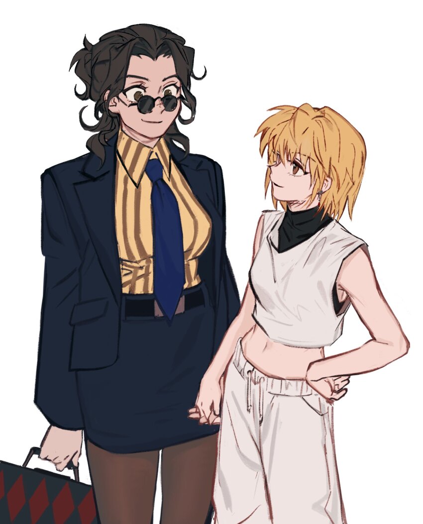 2girls androgynous black_jacket black_pantyhose black_skirt black_undershirt blonde_hair blue_necktie breasts brown_eyes brown_hair crop_top genderswap genderswap_(mtf) highres holding_hands hunter_x_hunter ik18166181ik jacket kurapika large_breasts leorio_paladiknight looking_at_another medium_hair multiple_girls navel necktie pants pantyhose round_eyewear shirt simple_background skirt standing sunglasses upper_body white_background white_pants white_shirt yellow_shirt yuri