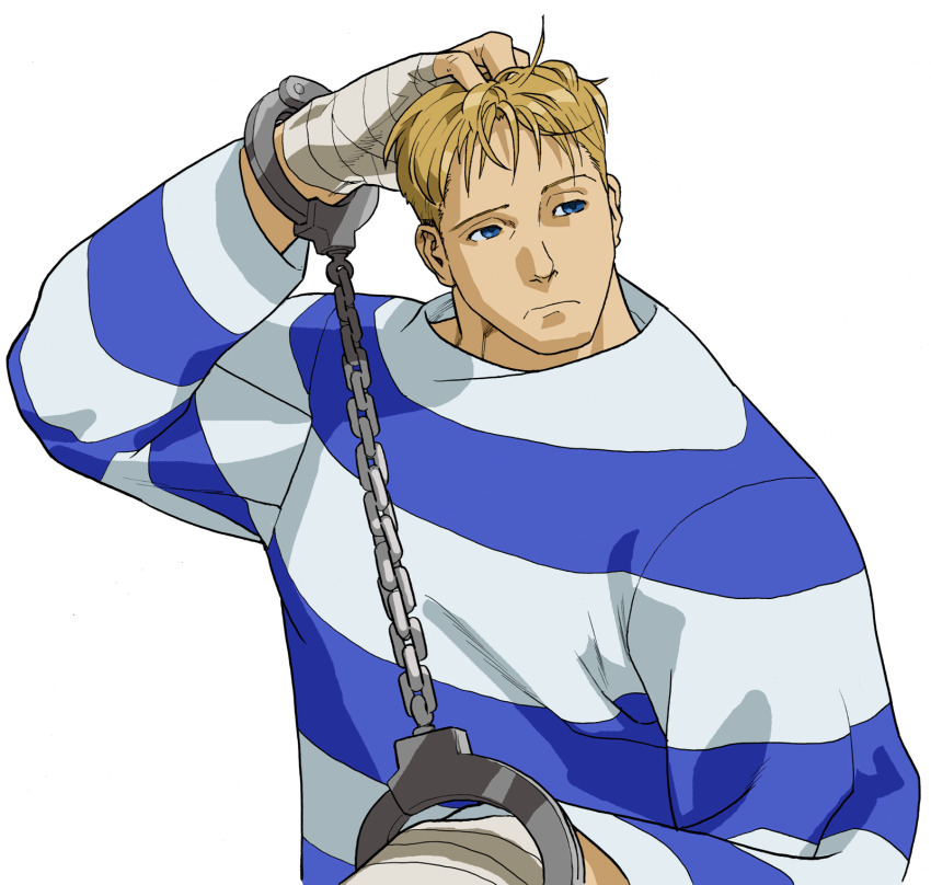 1boy bengus blonde_hair blue_eyes cody_travers cuffs game_cg hand_wraps handcuffs highres light_frown male_focus non-web_source official_art portrait prison_clothes scratching_head short_hair simple_background solo street_fighter street_fighter_zero_(series) upper_body white_background