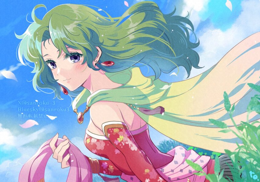 1girl blue_sky blush cape closed_mouth commentary_request detached_sleeves dress final_fantasy final_fantasy_vi from_side green_hair hair_down long_hair looking_at_viewer purple_eyes red_dress sanroku_3 sky smile solo tina_branford twitter_username upper_body