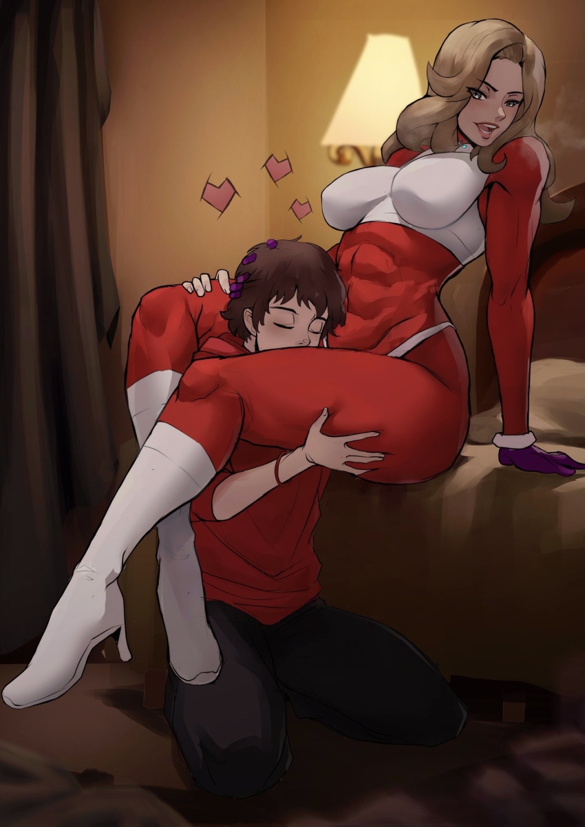 abs armor bed bedroom blonde_hair blush bodysuit booths boots breasts chun-li_fan commission commissioner_upload f-zero f-zero_gx funi_xd gloves green_eyes head_between_thighs highres kiss kissing_thigh large_breasts legs mrs._arrow muscular muscular_female nintendo open_mouth red_bodysuit sitting skin_tight skin_tight_clothing smile spandex thick_thighs thigh_grab thighs thong white_boots