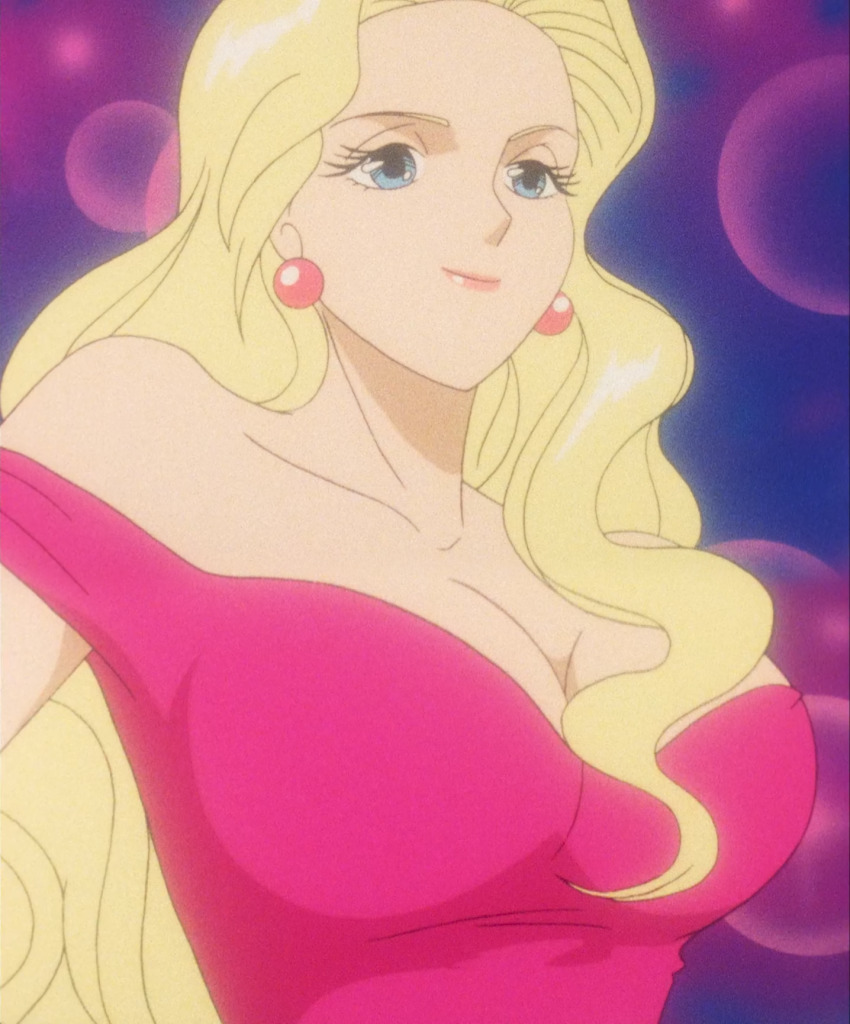 1girl breasts cleavage dress earrings highres jewelry large_breasts long_hair looking_to_the_side marilyn_(red_baron) pink_dress red_baron_(anime) screencap standing third-party_edit very_long_hair