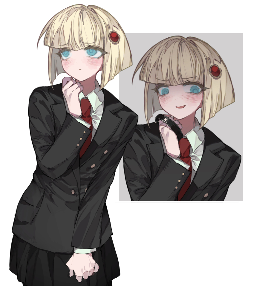 1girl alternate_costume anzekeye black_collar black_jacket black_skirt blonde_hair blue_eyes blush chinese_commentary closed_mouth collar collared_shirt commentary_request hair_ornament highres holding holding_collar jacket long_sleeves necktie oosuzuki_kurara open_mouth pleated_skirt red_necktie shaded_face shirt short_hair simple_background skirt the_hundred_line_-last_defense_academy- white_background white_shirt