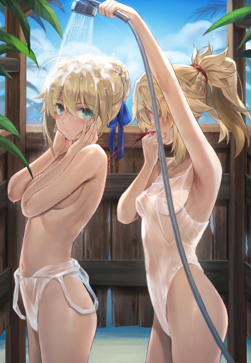 2girls armpits aroused_nosebleed artoria_pendragon_(fate) blonde_hair blood blue_sky braid braided_bun breasts commentary_request covering_breasts covering_privates fate/grand_order fate_(series) female_pervert green_eyes hair_bun highres holding holding_hose hose mordred_(fate) mother_and_daughter multiple_girls navel nosebleed pervert ponytail saber_(fate) see-through_clothes see-through_one-piece_swimsuit short_hair showering sky small_breasts stomach thighhighs tonee wet wet_clothes yuri