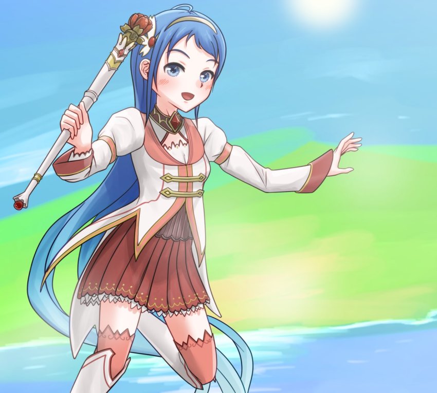blue_eyes blue_hair boots cosplay hair_ornament hairband hashijiro_kou kantai_collection long_hair long_sleeves pink_thighhighs princess_connect! samidare_(kancolle) solo taneda_risa thighhighs very_long_hair voice_actor_connection wand yui_(princess_connect!) yui_(princess_connect!)_(cosplay)