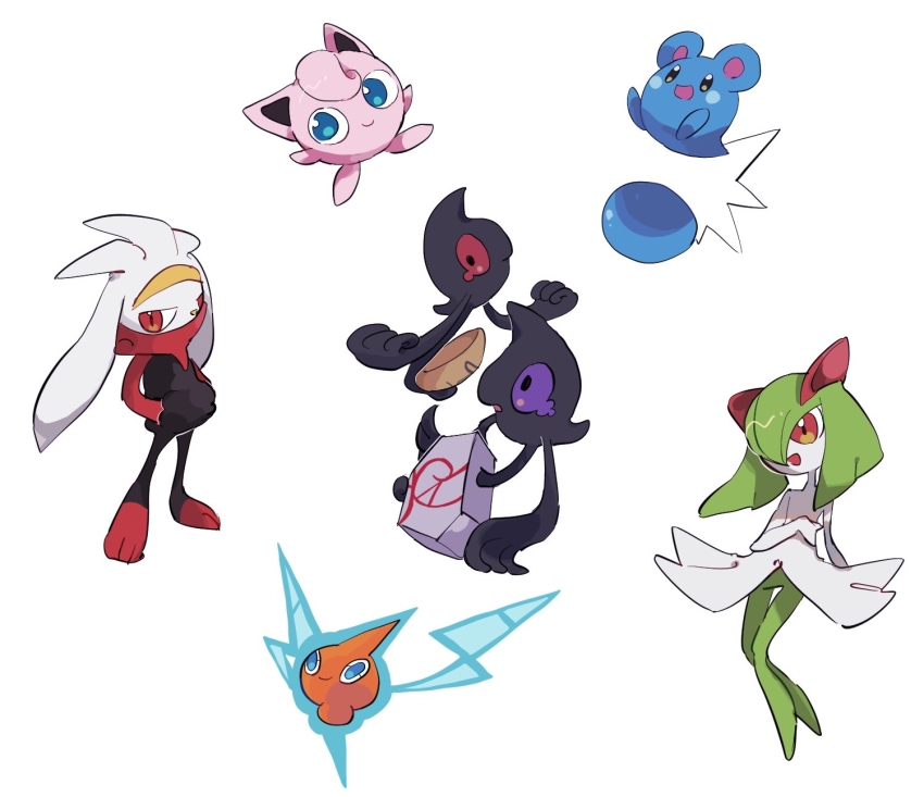 animal_ears azurill black_eyes blue_eyes blue_fur colored_skin creatures_(company) electricity furry galarian_form galarian_yamask game_freak gen_1_pokemon gen_3_pokemon gen_4_pokemon gen_5_pokemon gen_8_pokemon ghost green_hair green_skin hair_over_one_eye highres horns jigglypuff kirlia multicolored_skin nintendo pink_eyes pink_skin pokemon pokemon_(creature) purple_eyes rabbit_ears raboot red_eyes rotom sidelocks simple_background smile two-tone_skin white_background white_fur white_skin xxxo_oxxx yamask