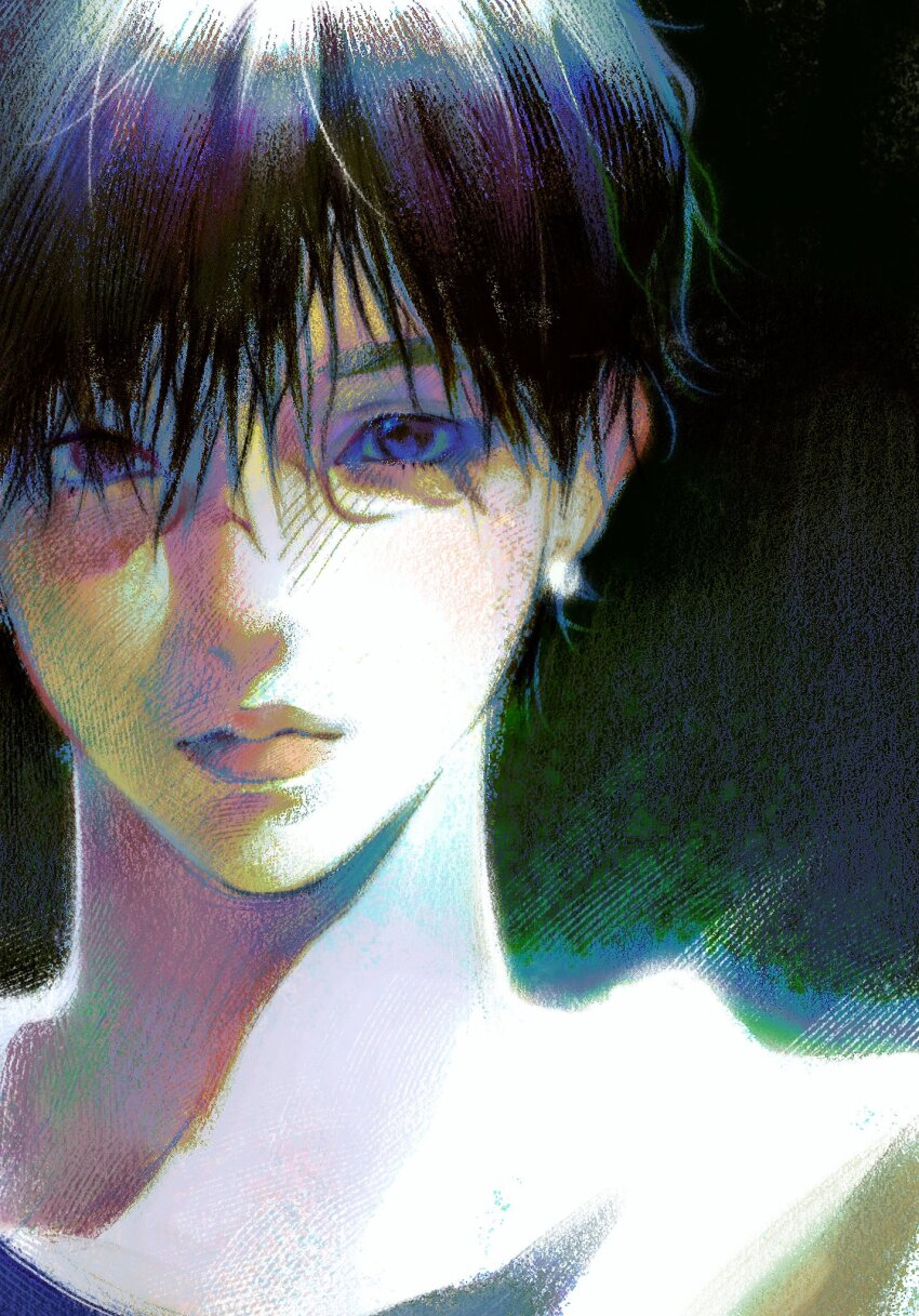 1boy aaaaapleeeee black_hair character_request closed_mouth crosshatching earrings hair_between_eyes hashtag-only_commentary hatching_(texture) highres jewelry real_life short_hair solo straight-on