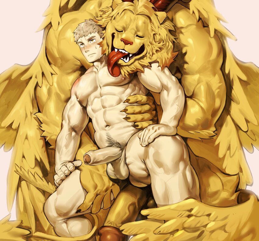 2boys abs absurdres bara blonde_hair claws closed_eyes commentary completely_nude demon_horns dungeon_meshi english_commentary erection foreskin furry furry_with_non-furry hand_on_own_leg highres holding horns hug hug_from_behind huge_penis interspecies laios_touden large_pectorals licking licking_pectoral light_blush lion lion_boy male_focus multiple_boys muscular muscular_male navel navel_hair nipples nude pectorals penis penis_size_difference size_difference stomach strongman_waist sweat uncensored uza_(hellme) white_background winged_lion_(dungeon_meshi) yaoi yellow_eyes