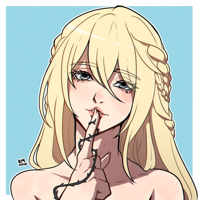 1girl bare_shoulders blonde_hair blue_background border braid collarbone commentary elden_ring english_commentary fia_the_deathbed_companion finger_to_mouth hair_between_eyes highres index_finger_raised kinkymation long_hair looking_at_viewer nude outside_border simple_background solo thorns upper_body white_border