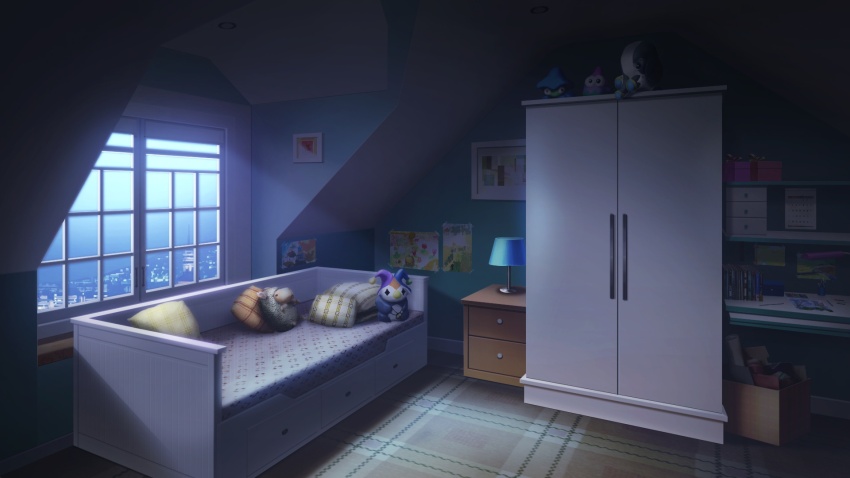 apartment bed bedroom book box calendar_(object) cardboard_box carpet chest_of_drawers cityscape dark desk_lamp dim_lighting drawer gift highres indoors lamp morning no_humans non-web_source official_art our_life:_beginnings_and_always photo_(object) pillow scenery stuffed_toy variant_set wardrobe_malfunction window window_blinds window_light
