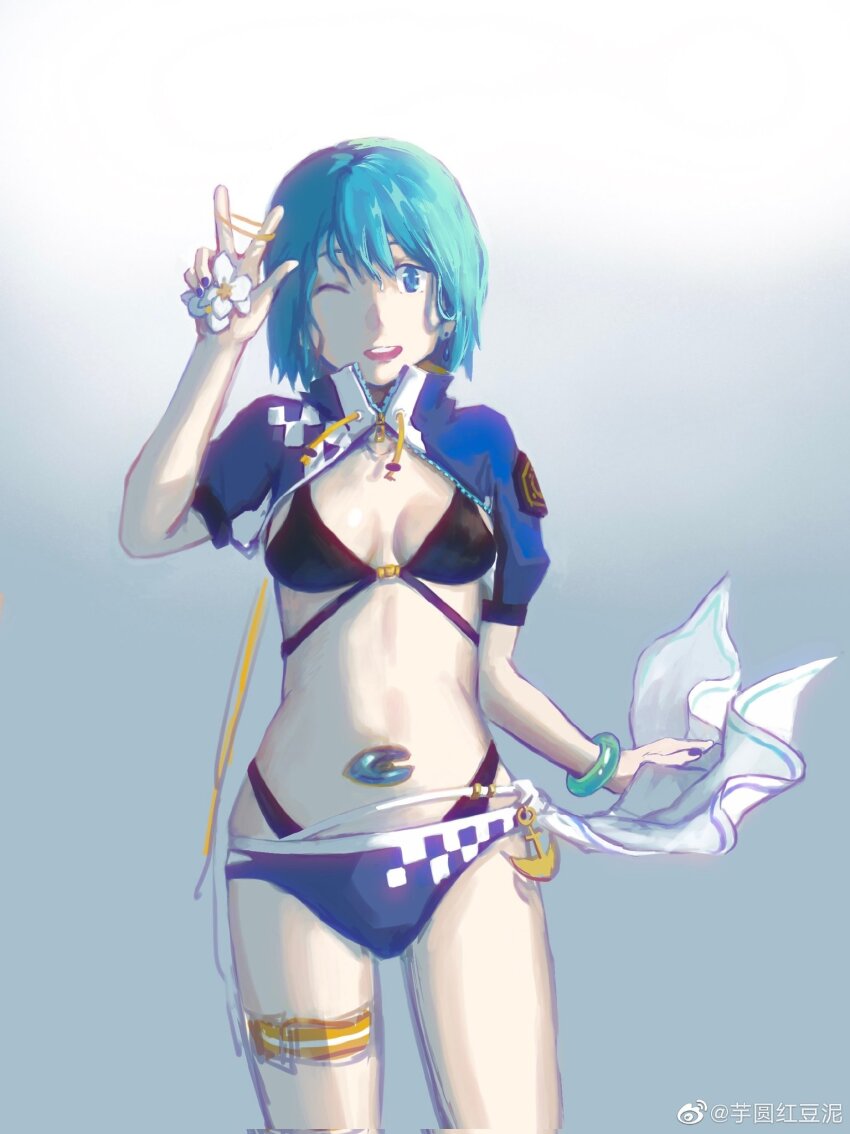 1girl anchor_symbol bikini bikini_under_clothes black_bikini blue_eyes blue_hair blue_jacket blue_nails bracelet cowboy_shot cropped_jacket earrings flower gradient_background hand_up highres jacket jewelry looking_at_viewer magia_record:_mahou_shoujo_madoka_magica_gaiden mahou_shoujo_madoka_magica miki_sayaka miki_sayaka_(surfer_ver.) nail_polish official_alternate_costume one_eye_closed open_mouth short_hair shrug_(clothing) single_earring solo soul_gem swimsuit thigh_strap v watermark weibo_watermark zhongnianxiaoy1