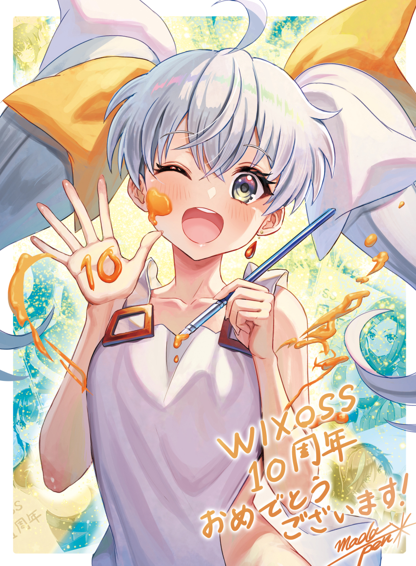 1girl absurdres ahoge anniversary blush bow dress earrings grey_eyes hair_bow highres jewelry long_hair looking_at_viewer madopen one_eye_closed open_mouth single_earring smile solo tama_(wixoss) teeth twintails upper_teeth_only very_long_hair white_dress white_hair wixoss yellow_bow