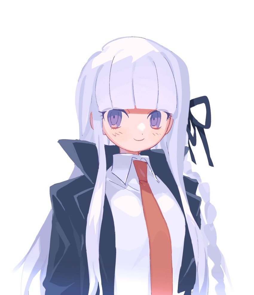 1girl absurdres black_jacket black_ribbon blunt_bangs blush braid closed_mouth collared_shirt commentary_request danganronpa:_trigger_happy_havoc danganronpa_(series) gloves grey_background hair_ribbon highres jacket kirigiri_kyoko laz_(wancchaco) long_hair looking_at_viewer necktie open_clothes open_jacket orange_necktie purple_eyes purple_hair ribbon shirt side_braid simple_background single_braid smile solo upper_body white_background white_shirt
