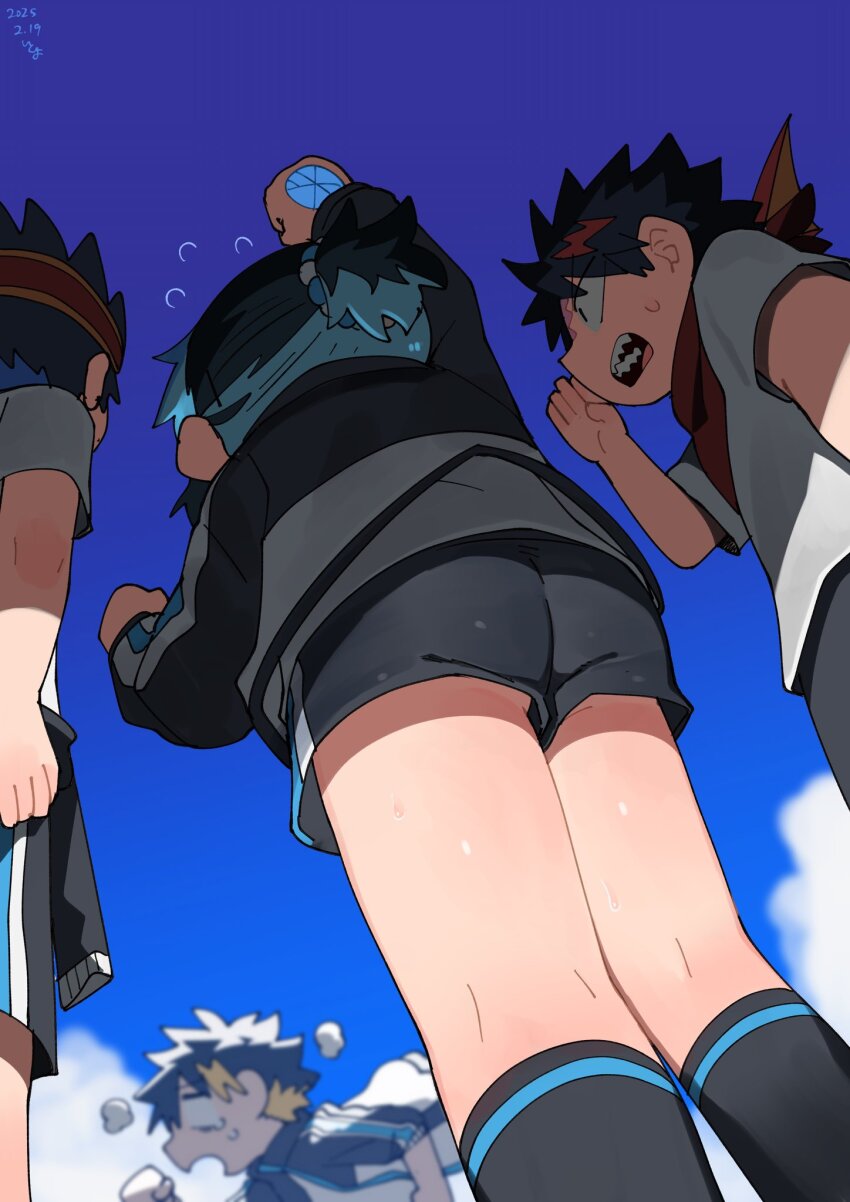 1girl 3boys ass black_hair blue_hair blue_sky cloud colored_inner_hair from_below gym_shorts highres itoriyo medium_hair multicolored_hair multiple_boys nakamura_yuto ponytail raisei_no_ryu_tsukai short_hair shorts sky sorano_minori