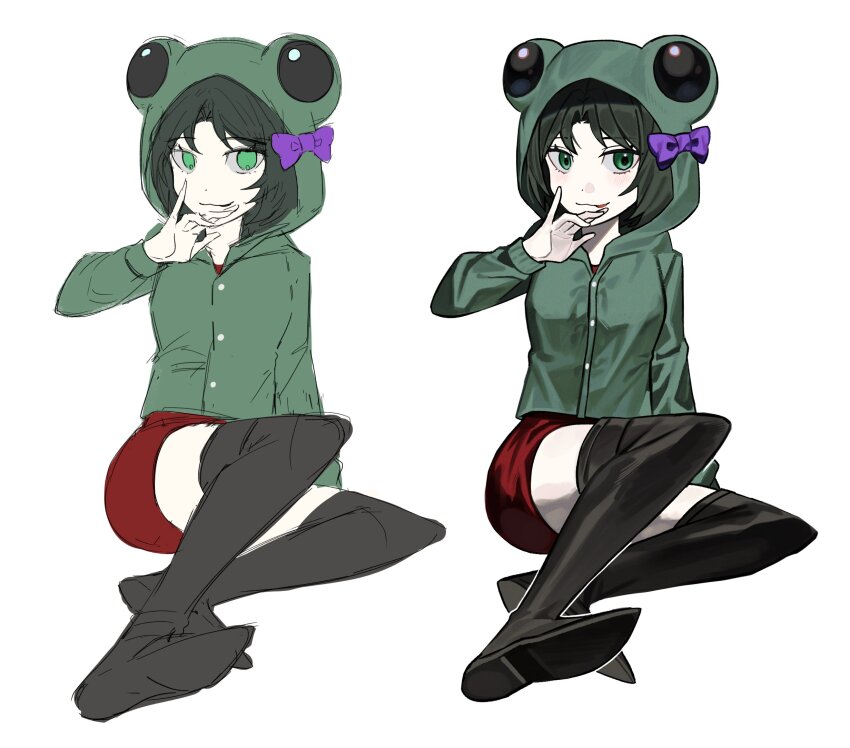 1girl animal_hood asdf1211950 black_boots black_souls boots bow dress frog_hood frog_princess_(black_souls) green_eyes green_hair green_jacket hair_bow hand_up highres hood hooded_jacket jacket looking_at_viewer pale_skin parted_bangs purple_bow red_dress simple_background sitting solo thigh_boots white_background