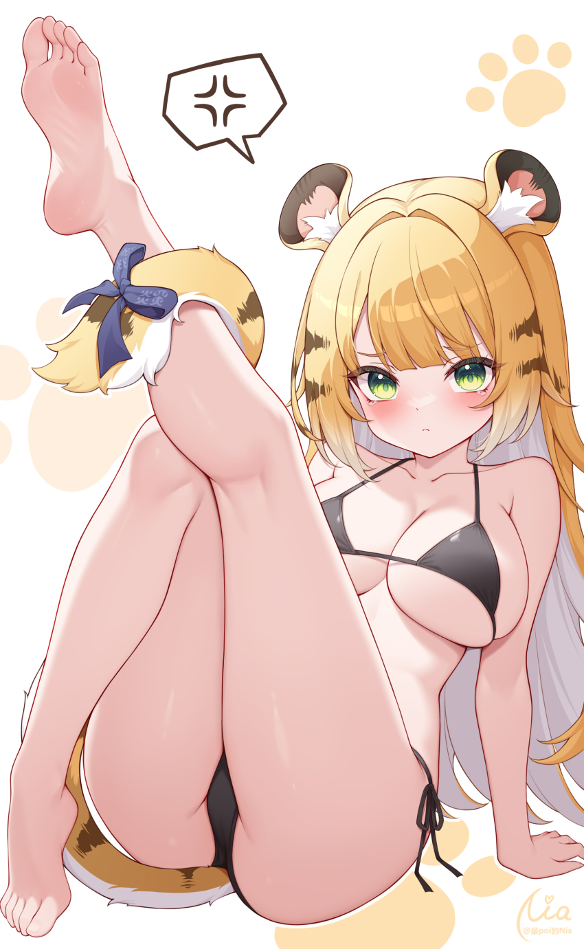 1girl absurdres alternate_breast_size anger_vein animal_ears barefoot bikini black_bikini blonde_hair blush breasts closed_mouth colored_inner_hair commentary_request feet green_eyes highres ju_fufu knee_up large_breasts leg_up long_hair looking_at_viewer micro_bikini multicolored_hair origami_(poinia) paw_print paw_print_background side-tie_bikini_bottom sitting soles solo speech_bubble spoken_anger_vein striped_hair swimsuit tail tiger_ears tiger_girl tiger_stripes tiger_tail toes white_background white_hair zenless_zone_zero