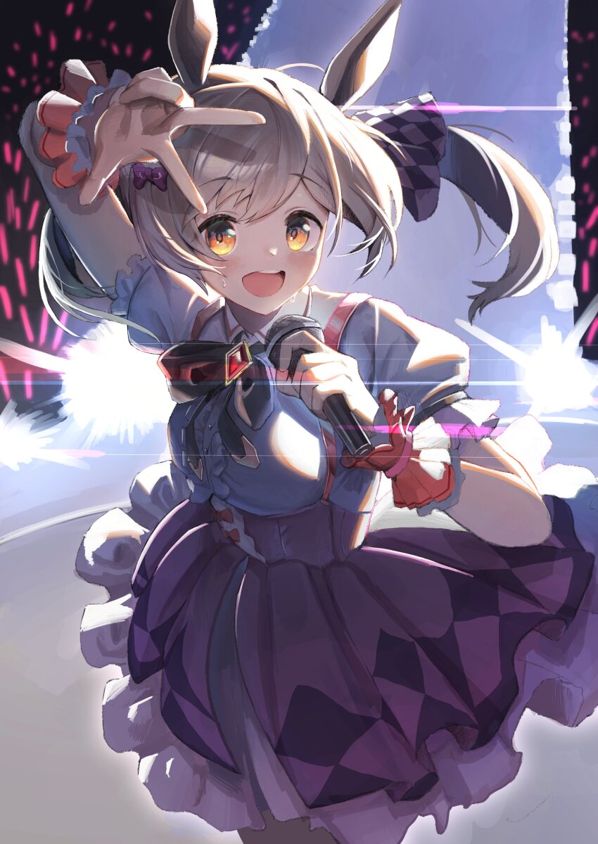 1girl absurdres animal_ears blue_bow blush bow breasts brown_eyes brown_hair center_frills collared_shirt dress frilled_dress frills hair_between_eyes hair_bow heart highres holding holding_microphone horse_ears horse_girl horse_tail idol_clothes large_breasts long_hair looking_at_viewer microphone multiple_hair_bows open_mouth pink_bow pink_dress pointing pointing_at_viewer puffy_short_sleeves puffy_sleeves purple_bow red_bow scrunchie shirt short_sleeves smart_falcon_(umamusume) smile solo tail teeth thigh_strap tsujiya_okuyasu twintails umamusume upper_teeth_only w white_shirt wrist_scrunchie