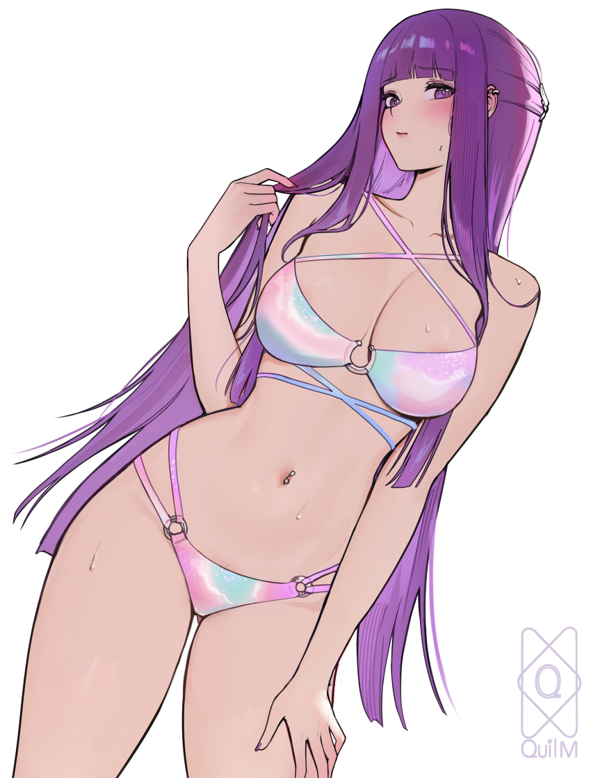 1girl absurdres bikini breasts collarbone cowboy_shot dutch_angle fern_(sousou_no_frieren) highres large_breasts long_hair multicolored_bikini navel navel_piercing piercing purple_eyes purple_hair quilm simple_background solo sousou_no_frieren stomach swimsuit thighs very_long_hair white_background