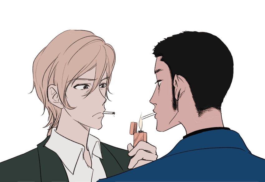 2boys 333rd albert_(lupin_iii) arsene_lupin_iii black_hair blonde_hair blue_jacket cigarette collared_shirt expressionless fire green_jacket highres holding holding_lighter jacket lighter lighting_cigarette lupin_iii male_focus multiple_boys shirt sideburns white_background white_shirt