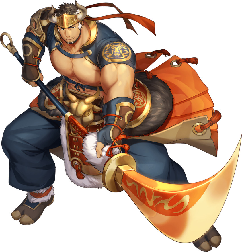 1boy abs anklet bara bare_pectorals beard belt biceps black_eyes black_hair clothes_lift collared_jacket cropped_jacket facial_hair fighting_stance gauntlets glaive_(polearm) gloves gozu_farm gyee halberd hand_on_weapon headband highres jacket jewelry large_pectorals loincloth male_focus mature_male muscular muscular_arms muscular_male nipples official_art ox_horns pants pectorals polearm sandals sideburns skirt skirt_lift smile solo takashi_(gyee) transparent_background weapon white_hair