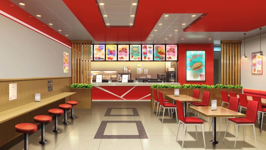 beverage_dispenser bush cash_register ceiling_light chair fast_food highres indoors menu monitor no_humans non-web_source official_art our_life:_beginnings_and_always poster_(object) scenery stool table tile_floor tiles wooden_table