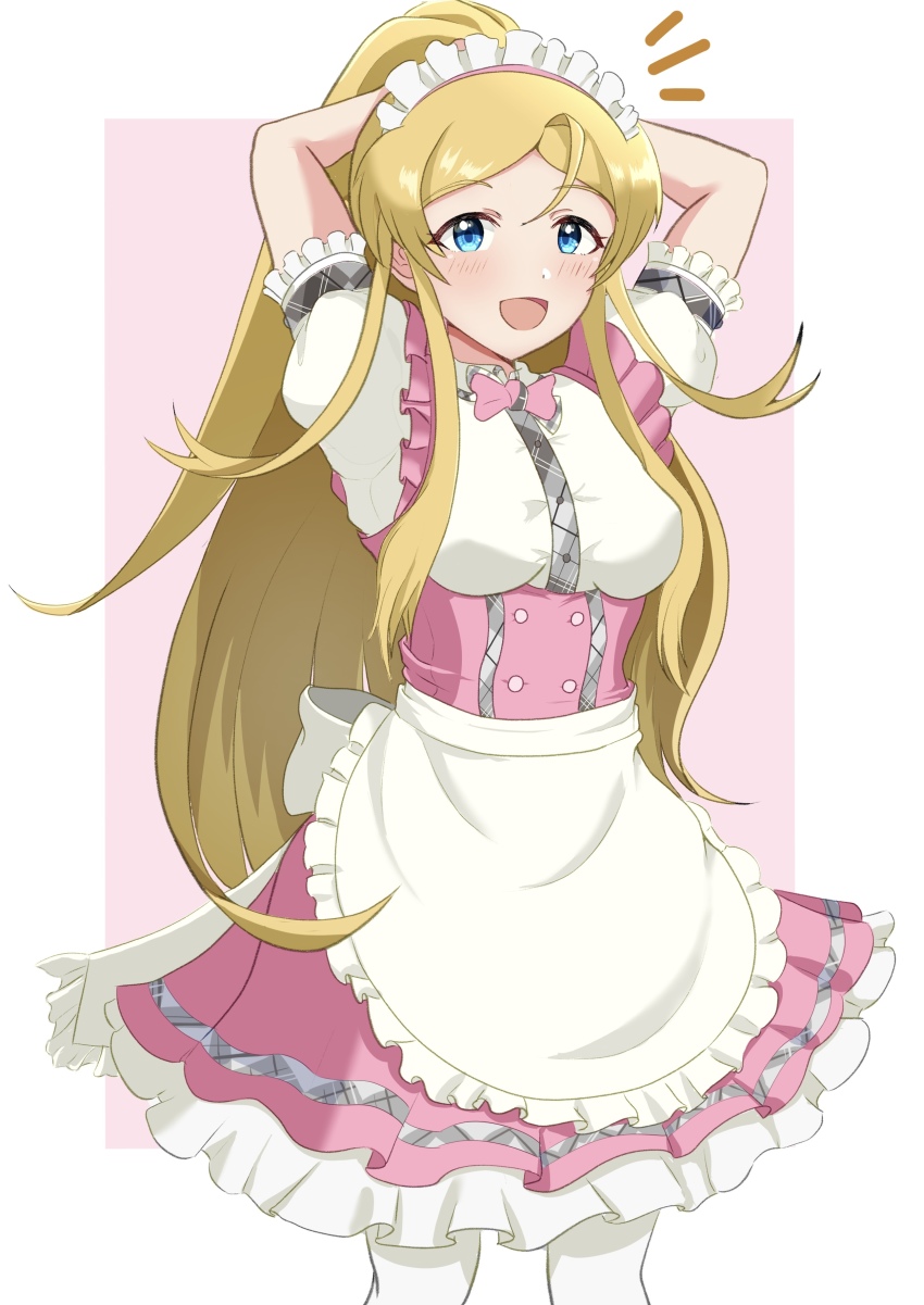 1girl absurdres ahoge apron arms_behind_head arms_up blonde_hair blue_eyes blush border bow bowtie breasts brown_hair cowboy_shot dot_nose dress frilled_apron frills highres idolmaster idolmaster_million_live! idolmaster_million_live!_theater_days large_breasts long_hair looking_at_viewer notice_lines open_mouth outside_border pantyhose pink_background pink_bow pink_bowtie pink_dress pretty_waitress_(idolmaster) shinomiya_karen shirt short_sleeves simple_background smile solo standing tanukiinu005 underbust very_long_hair waist_apron white_apron white_border white_headdress white_pantyhose white_shirt