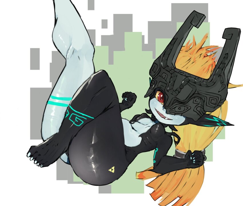 1girl blue_nails breasts clenched_hands colored_sclera colored_skin commentary english_commentary fangs full_body grey_skin helmet highres long_hair looking_at_viewer lying midna multicolored_skin nintendo on_back open_mouth orange_hair pointy_ears red_eyes small_breasts smile solo the_legend_of_zelda the_legend_of_zelda:_twilight_princess thick_thighs thighs toenails two-tone_skin weeze yellow_sclera