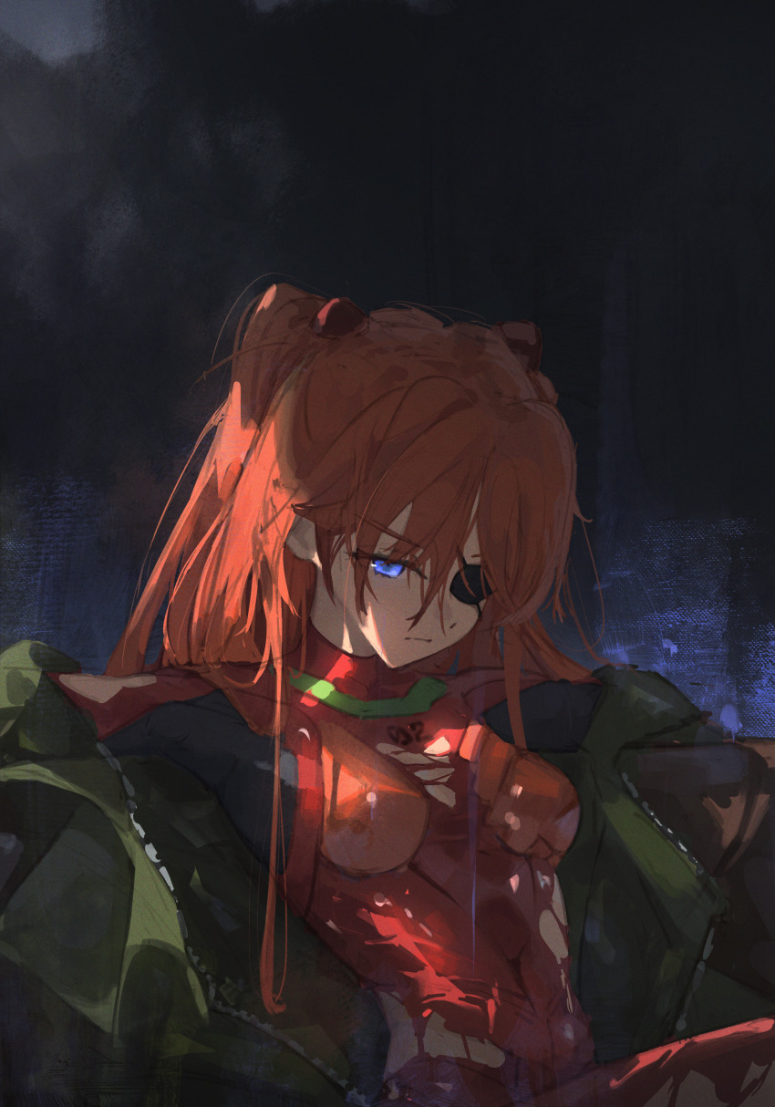 1girl absurdres blue_eyes bodysuit breasts closed_mouth commentary eien_001 evangelion:_3.0+1.0_thrice_upon_a_time eyepatch green_jacket highres jacket long_hair looking_down medium_breasts neon_genesis_evangelion off_shoulder orange_hair rebuild_of_evangelion red_bodysuit solo souryuu_asuka_langley torn_bodysuit torn_clothes upper_body