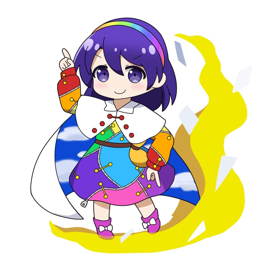 1girl arm_up belt_pouch blush boots bow cape closed_mouth commentary_request footwear_bow full_body hair_between_eyes highres index_fingers_raised long_sleeves looking_at_viewer patchwork_clothes pink_boots pouch purple_eyes purple_hair rainbow_gradient rainbow_hairband rizleting short_hair simple_background sky_print solo standing tenkyuu_chimata touhou two-sided_cape two-sided_fabric v-shaped_eyebrows white_background white_bow white_cape zipper