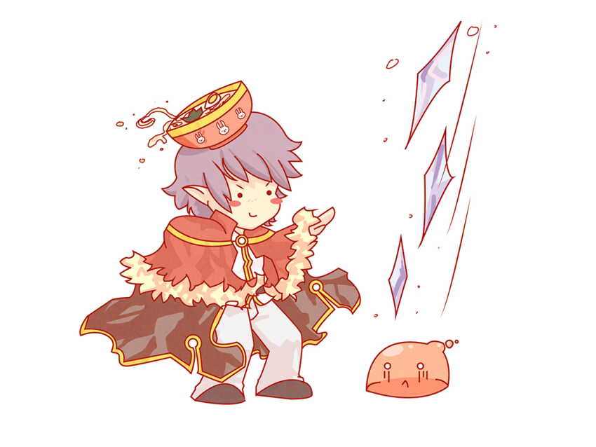 1boy :&lt; black_cape black_shoes blush_stickers bowl bowl_hat cape capelet closed_mouth commentary cryokinesis english_commentary food full_body fur-trimmed_capelet fur_trim grey_hair hat high_wizard_(ragnarok_online) ice magic male_focus noodles pants pickacolour pointy_ears poring ragnarok_online ramen red_capelet shirt shoes short_hair simple_background slime_(creature) smile solid_circle_eyes solo v-shaped_eyebrows white_background white_pants white_shirt