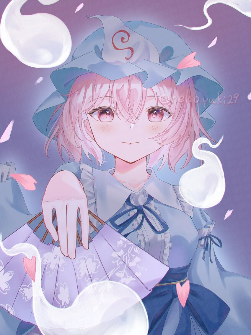 1girl blue_kimono blue_ribbon blush center_frills closed_mouth commentary falling_petals folding_fan frilled_kimono frills hand_fan hat highres hitodama holding holding_fan japanese_clothes kimono long_sleeves looking_at_viewer mob_cap neck_ribbon nekoyuki29 petals pink_eyes pink_hair pink_petals print_folding_fan ribbon saigyouji_yuyuko sleeve_garter smile solo symbol-only_commentary touhou triangular_headpiece twitter_username