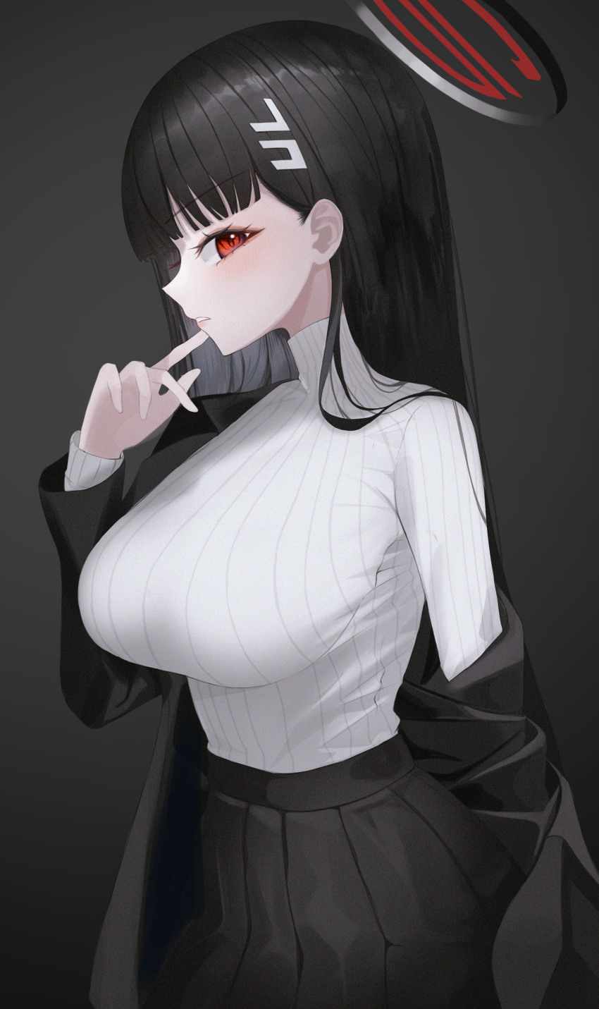 absurdres black_jacket black_skirt blue_archive blush breasts dongyu hair_behind_ear hair_ornament hairclip highres jacket large_breasts long_hair looking_at_viewer parted_lips rio_(blue_archive) skirt solo sweater turtleneck turtleneck_sweater white_sweater