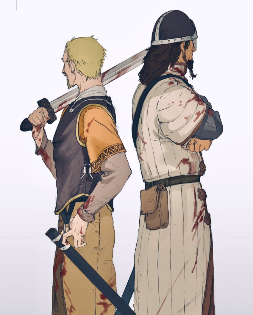 2boys askeladd beard bjorn_(vinland_saga) blood eshino_makiya00 facial_hair friends helmet highres holding holding_sword holding_weapon male_focus multiple_boys nasal_helmet simple_background sword viking vinland_saga weapon