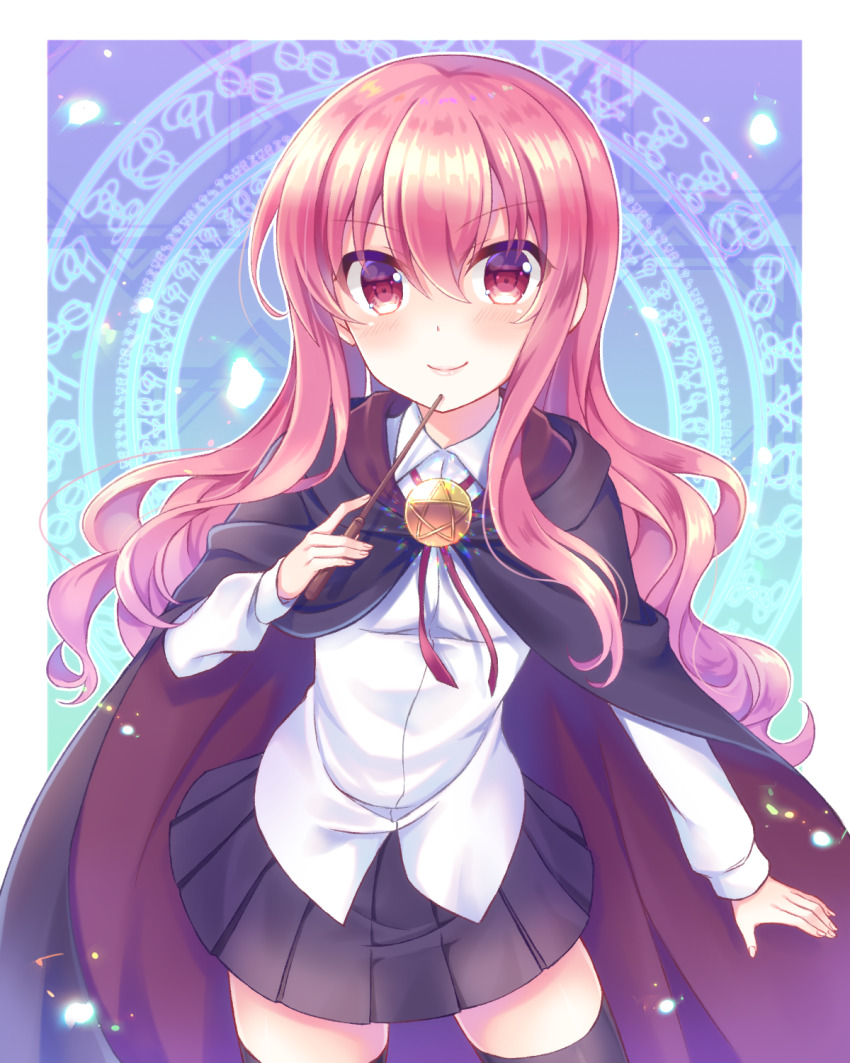 1girl black_cape black_skirt black_thighhighs blush border cape closed_mouth collared_shirt cowboy_shot dress_shirt floating_hair hair_between_eyes highres holding holding_wand long_hair looking_at_viewer louise_francoise_le_blanc_de_la_valliere magic_circle miniskirt neck_ribbon nishijou_myu outside_border pink_hair pleated_skirt red_eyes red_ribbon ribbon school_uniform shirt skirt smile solo standing thighhighs very_long_hair wand white_border white_shirt wing_collar zero_no_tsukaima zettai_ryouiki