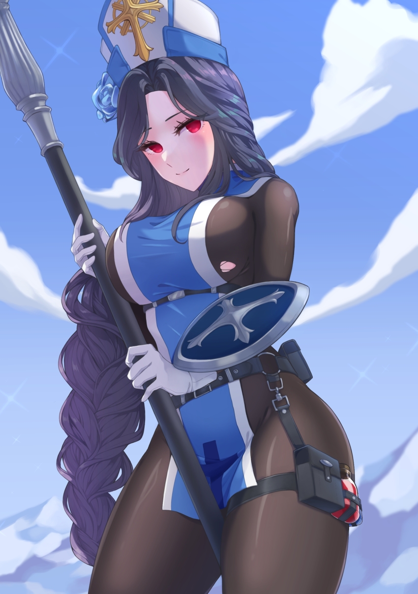 1girl absurdres arm_shield black_hair blue_tabard bodystocking braid braided_ponytail breasts commentary_request cowboy_shot doma_shin from_below goddess_of_victory:_nikke hat highres holding holding_polearm holding_weapon holster ice_flower large_breasts long_hair looking_at_viewer maiden_(ice_rose)_(nikke) maiden_(nikke) mountainous_horizon official_alternate_costume outdoors pelvic_curtain polearm potion red_eyes sideboob solo tabard thigh_holster torn_bodystocking torn_clothes very_long_hair weapon white_hat