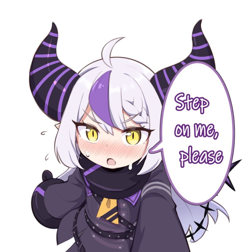 1girl :o ahoge belt belt_buckle blush buckle coat demon_girl demon_horns demon_tail hair_between_eyes highres hololive horns keven_(ewdx3754) la+_darknesss large_sleeves long_hair looking_at_viewer multicolored_hair oversized_clothes oversized_sleeves pov sidelocks simple_background speech_bubble streaked_hair sweat sweatdrop tail text_focus very_long_hair white_background white_hair yellow_eyes